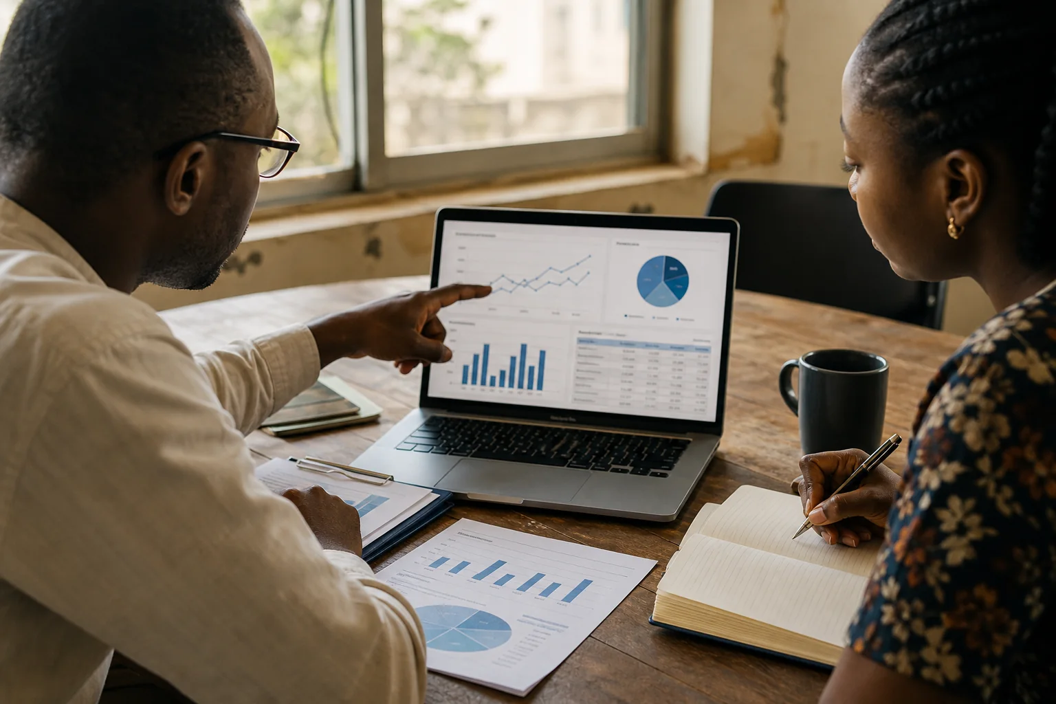 Professionals reviewing charts and reporting data on a laptop