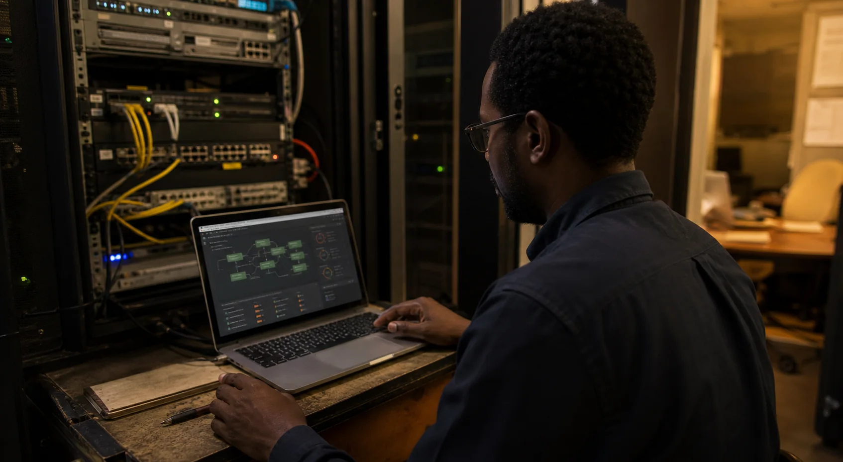 Technology professional monitoring an automated workflow beside network equipment