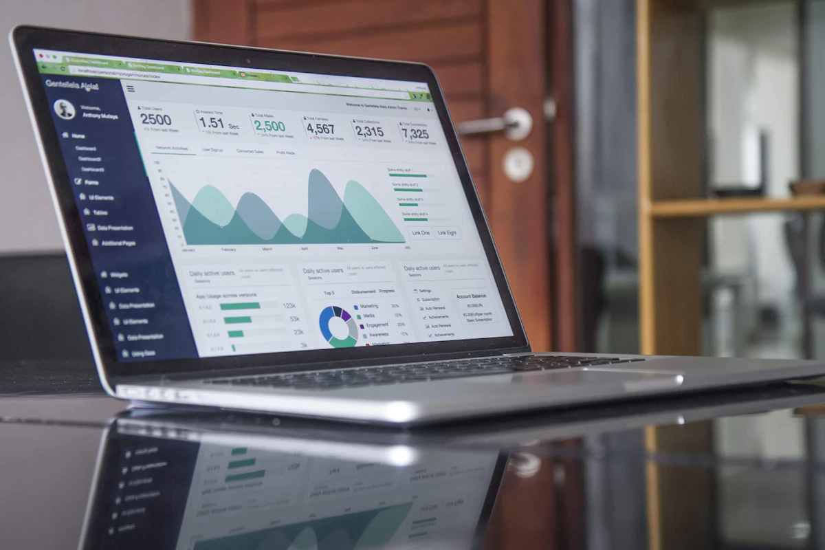 Business analytics charts on a laptop