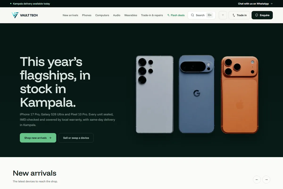 The Vault Tech storefront homepage showing flagship phones in stock in Kampala